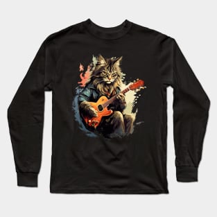 Maine Coon Cat Playing Guitar Long Sleeve T-Shirt